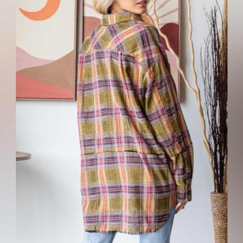 Oli & Hali Mineral Washed Plaid Shirt raw edge sz M - Picture 2 of 7